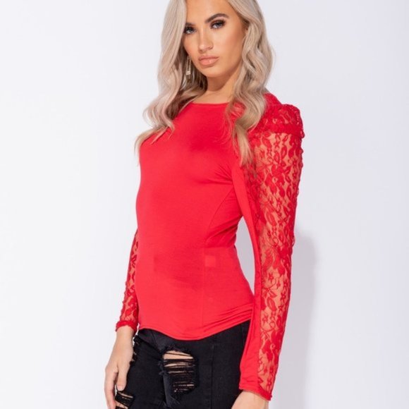 Red Lace Long Sleeve Round Neck Top - Picture 4 of 9